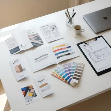 Marketing collateral design materials on a creative desk
