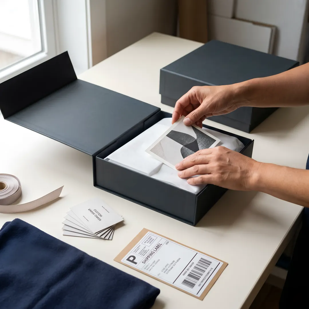 Team assembling branded corporate gift boxes