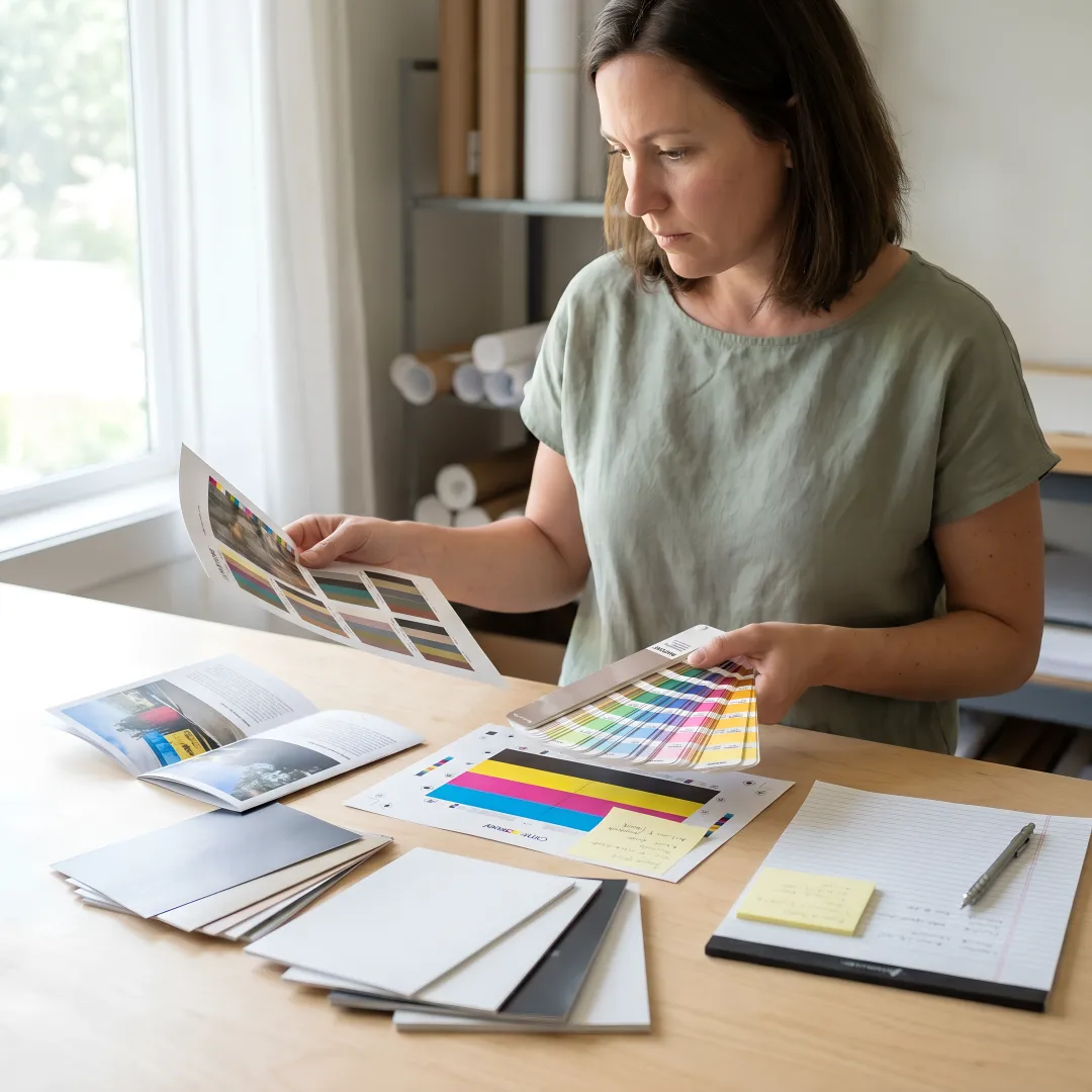 Designer checking print proofs before production