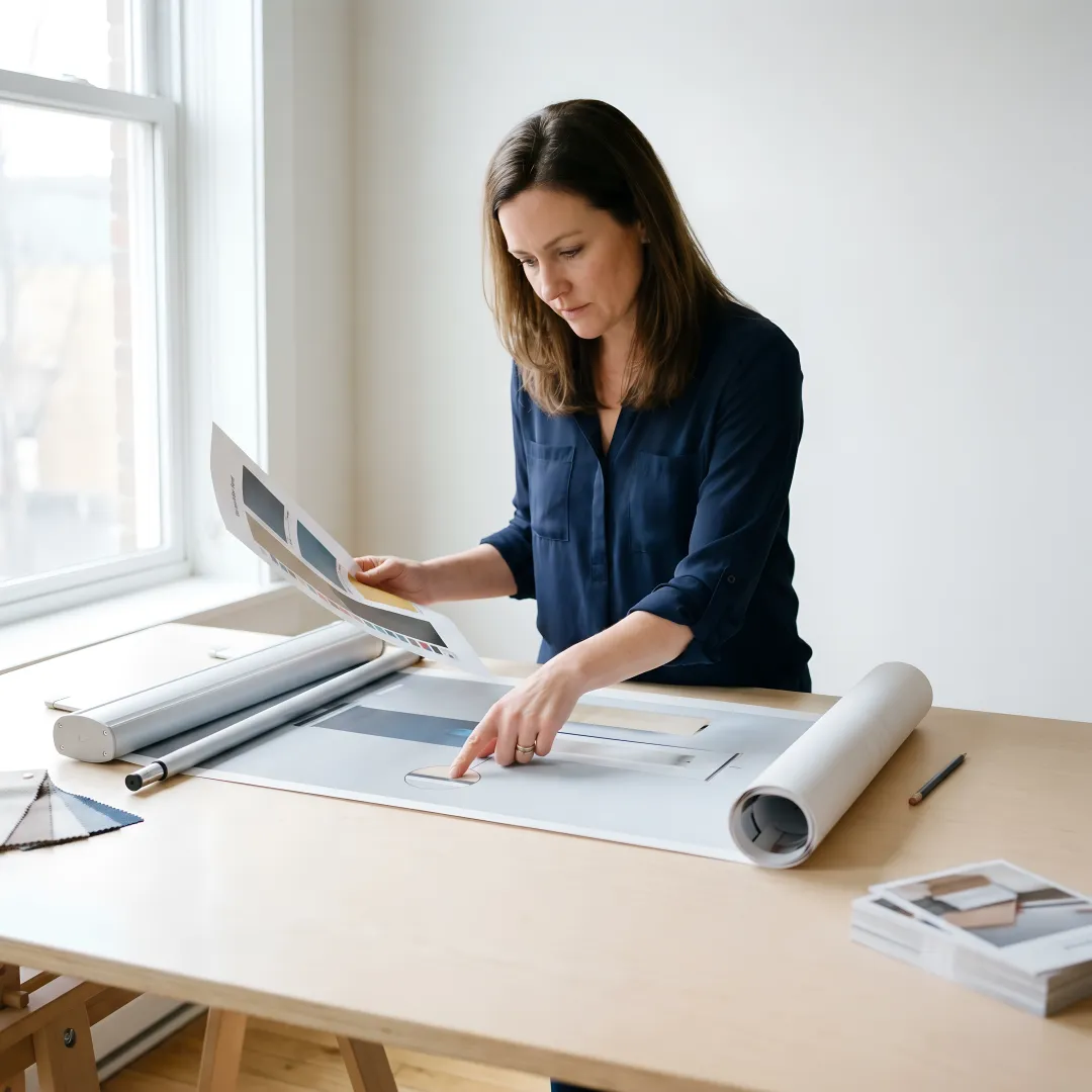 Designer reviewing retractable banner artwork before printing