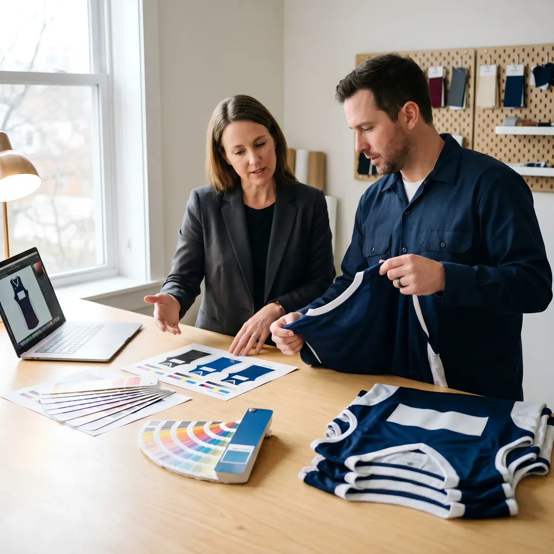 Team reviewing uniform printing proofs