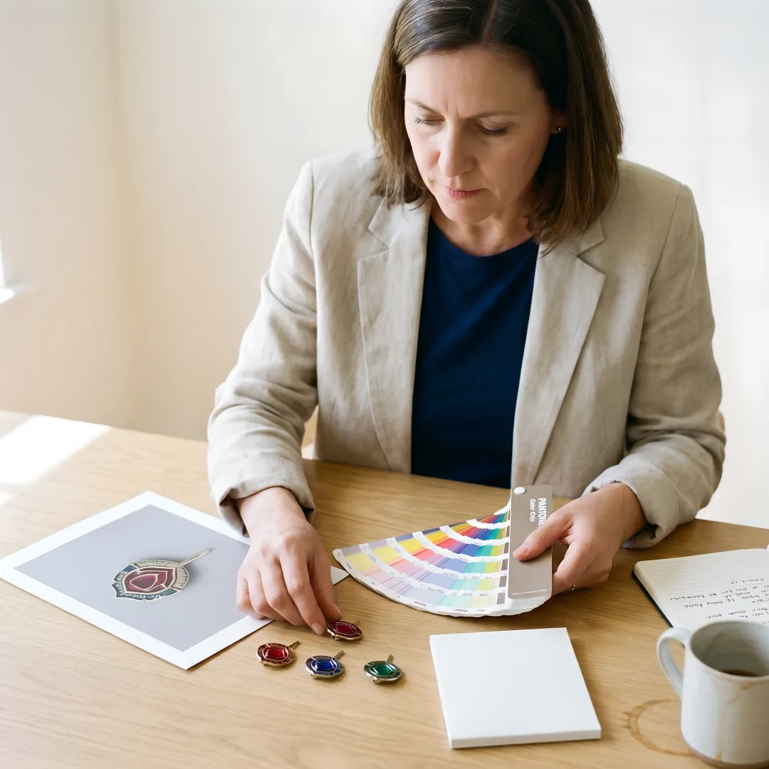 Designer reviewing a 3D lapel pin production proof