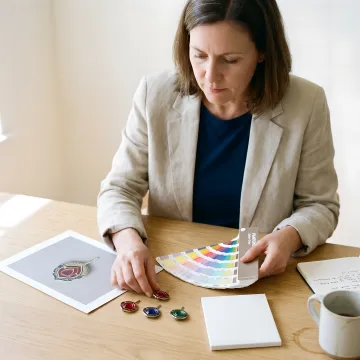 Designer reviewing a 3D lapel pin production proof