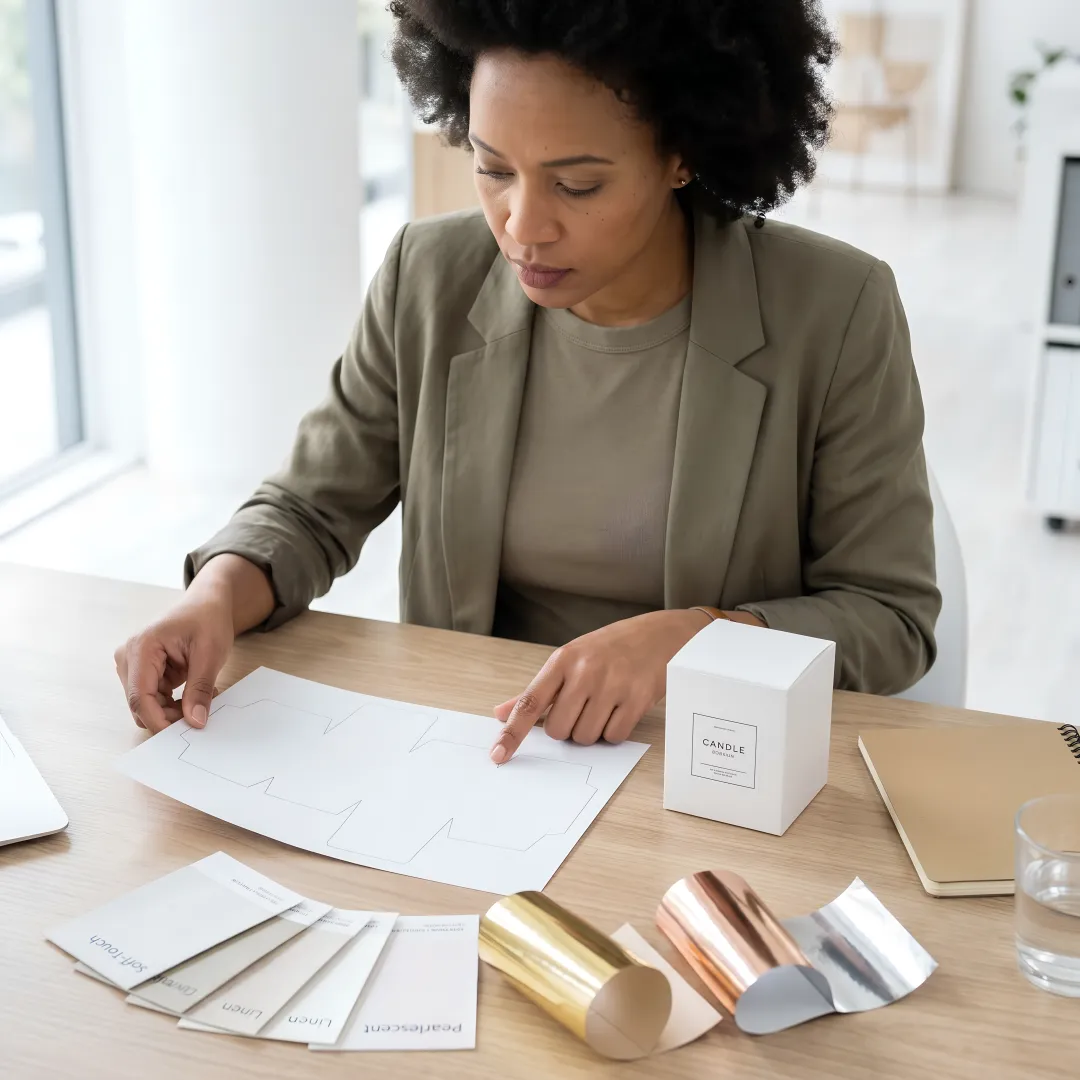 Packaging specialist reviewing candle box dielines and samples