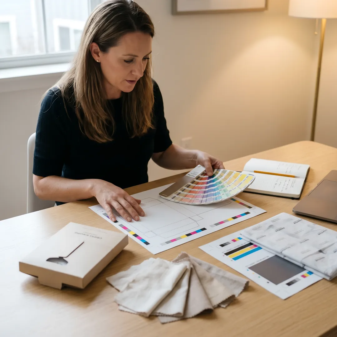 Packaging designer reviewing custom apparel box dielines