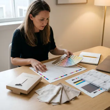 Packaging designer reviewing custom apparel box dielines