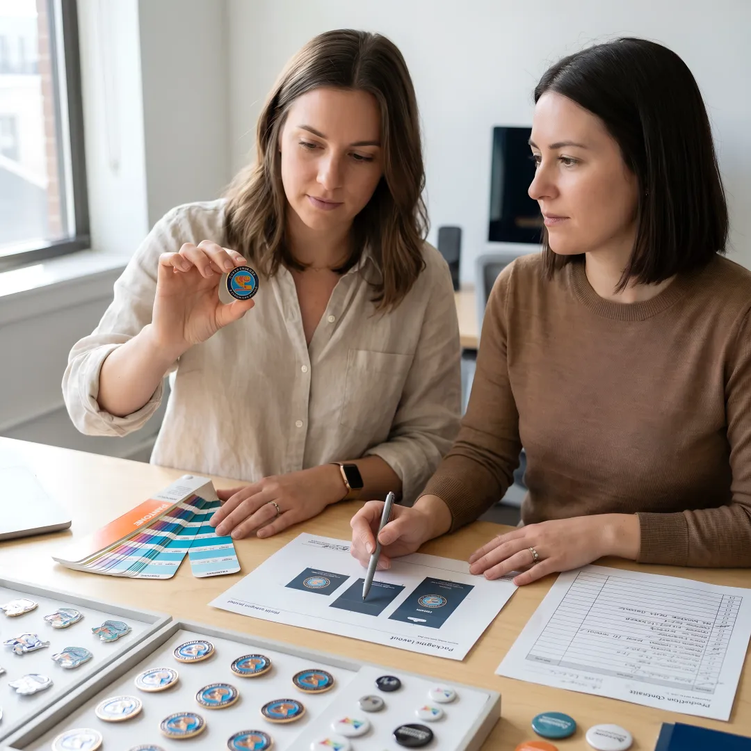 Team reviewing custom pin proofs and samples