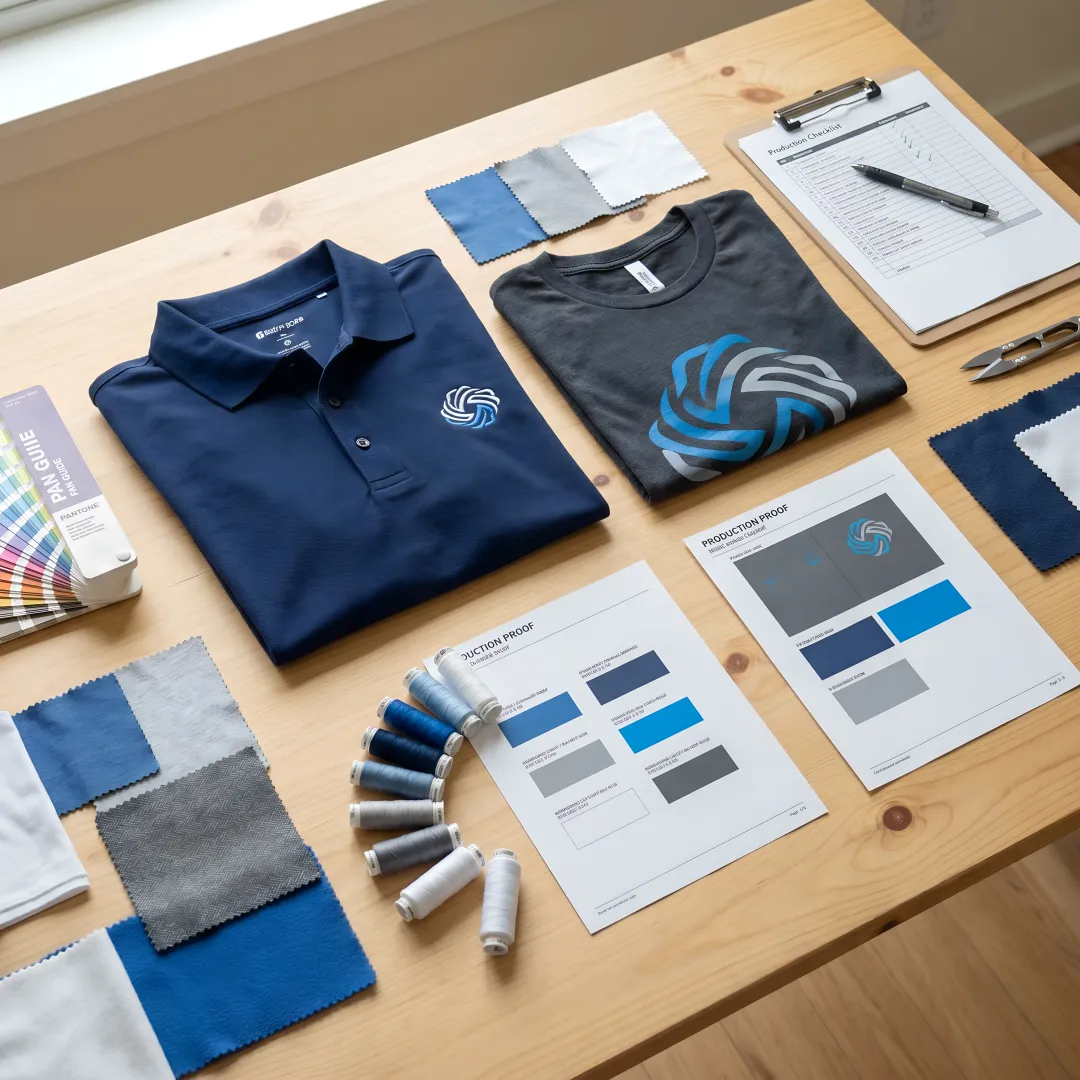 Apparel samples and production proofs on worktable