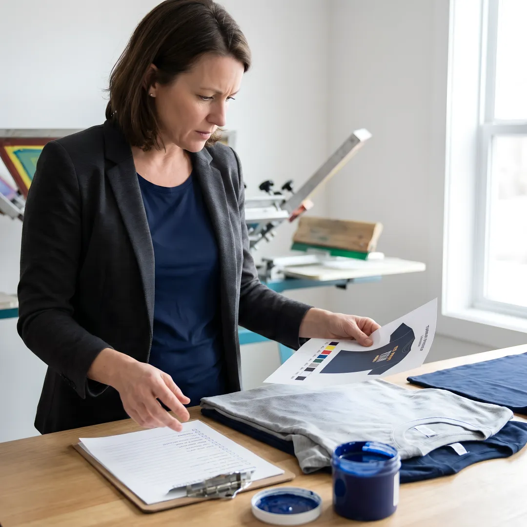 Production manager reviewing rush custom t-shirt proofs