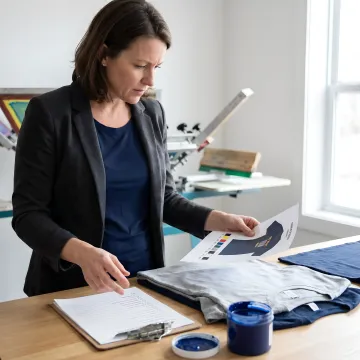 Production manager reviewing rush custom t-shirt proofs