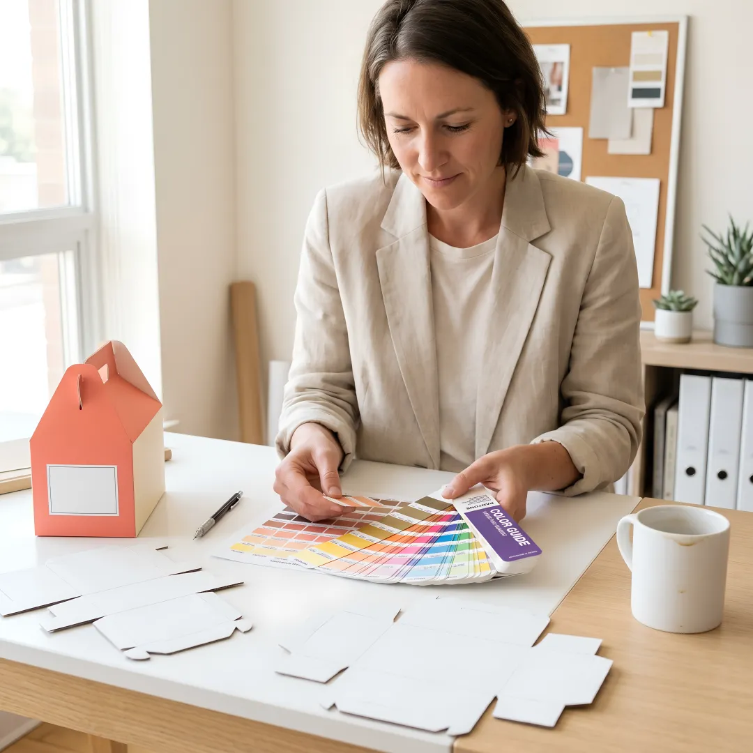 Packaging designer reviewing custom gable box samples