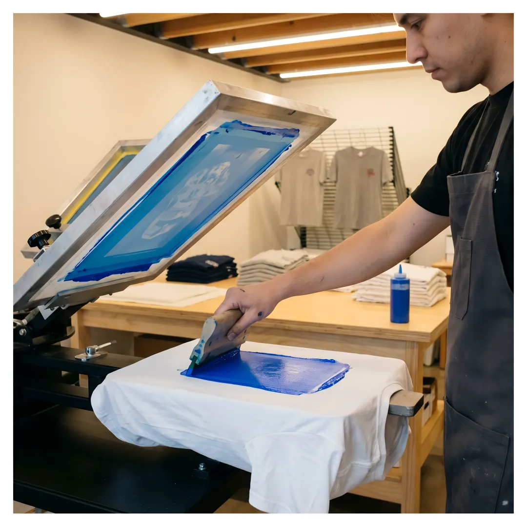 Screen printing press producing branded t-shirts