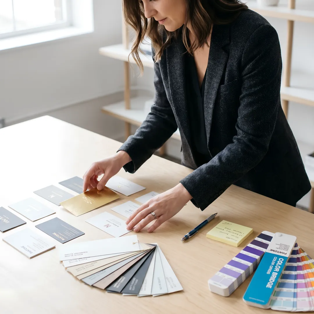 Designer reviewing business card proofs