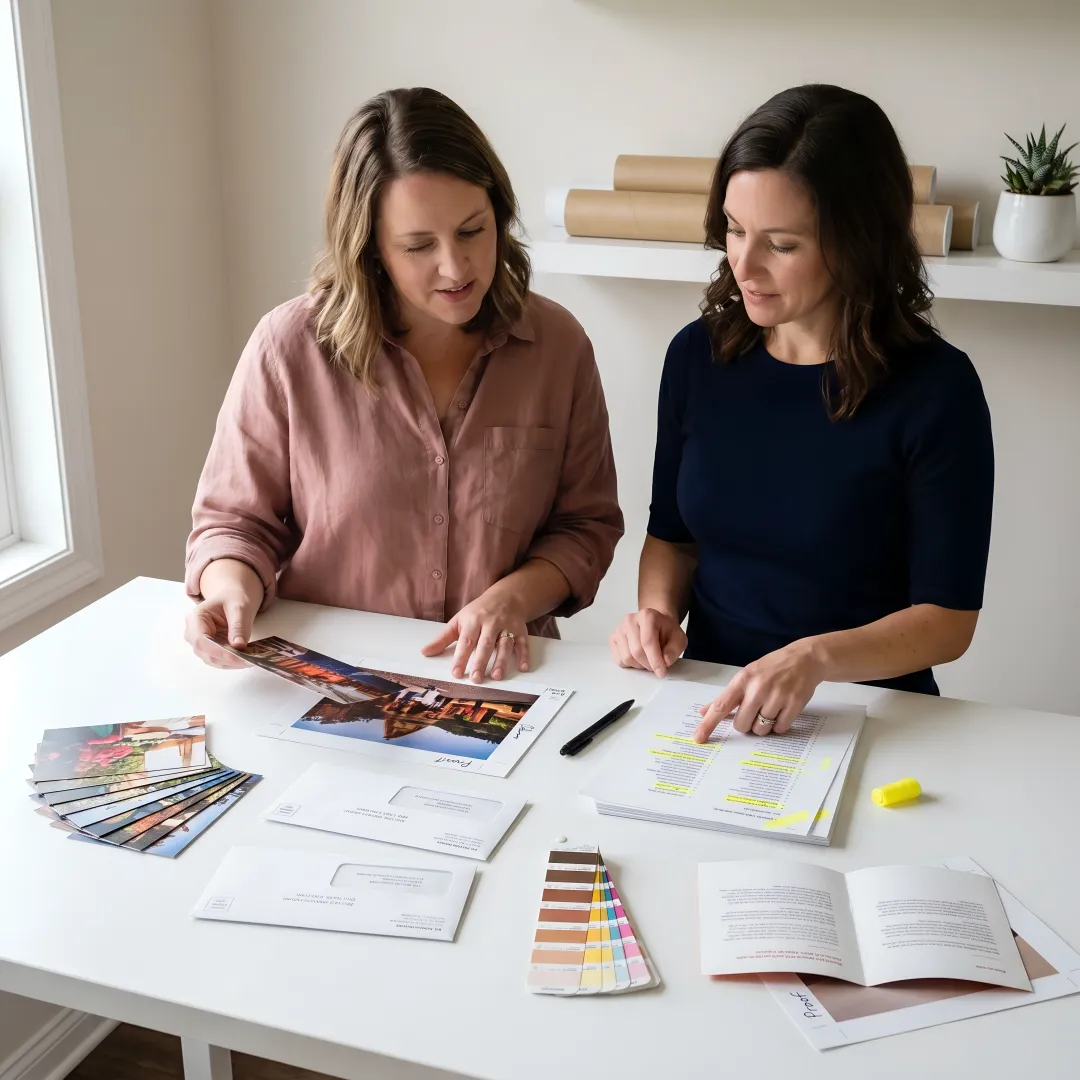Print team reviewing proofs and mail pieces