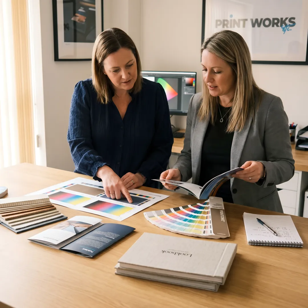 Print production team reviewing proofs and samples