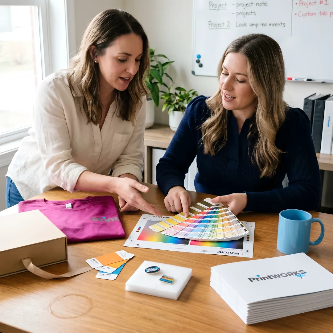 Swag production team reviewing branded merchandise samples