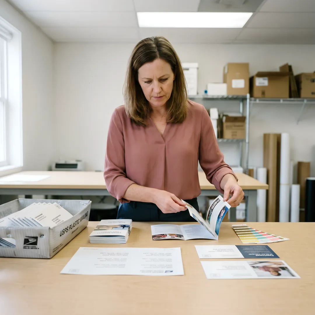 Print specialist reviewing brochures before mailing