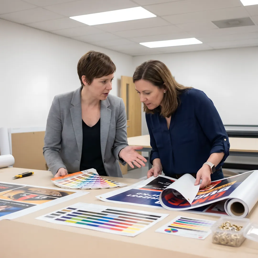 Printing team reviewing vinyl banner proofs