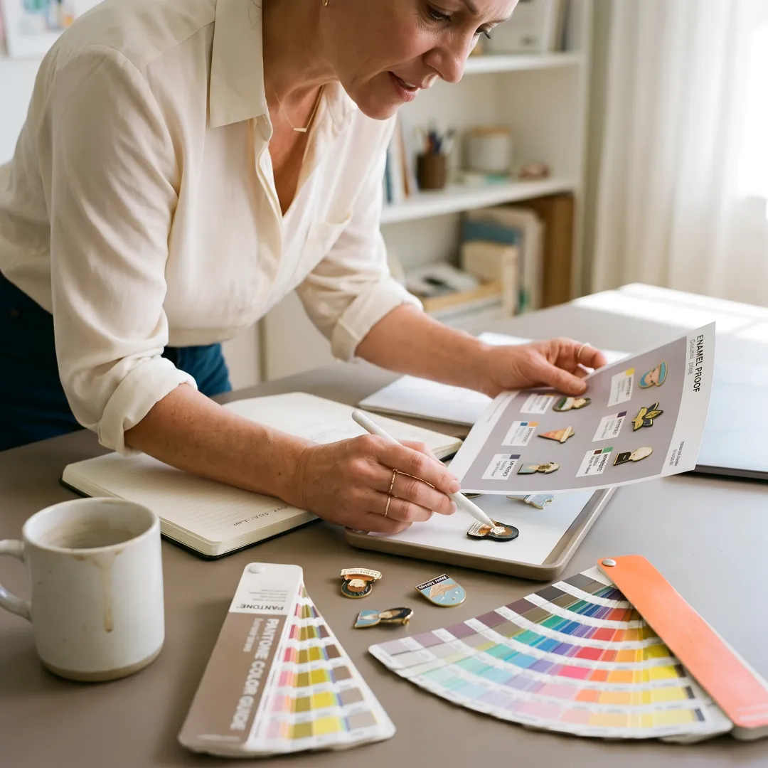 Designer reviewing custom enamel pin proofs