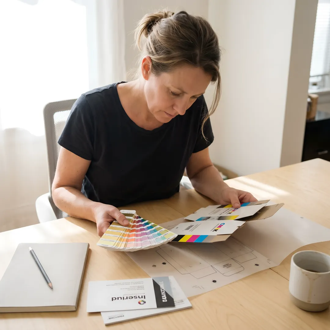 Packaging designer reviewing dielines and printed box samples