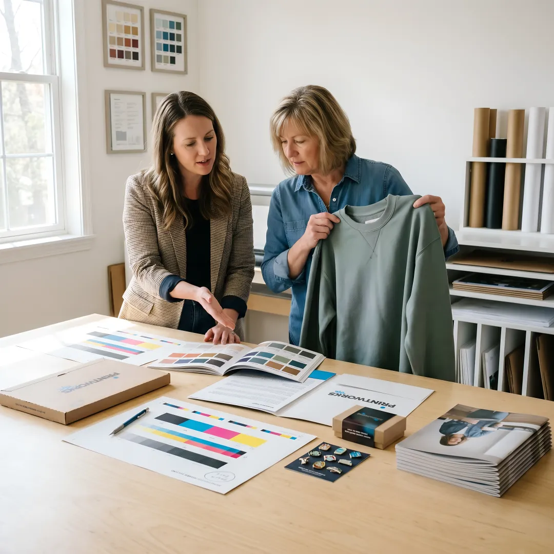 Print production team reviewing branded samples