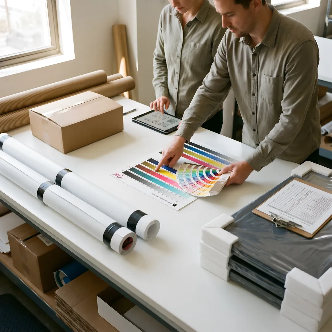 Trade show graphics production and packing process