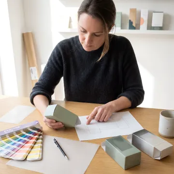 Designer reviewing custom wellness packaging samples