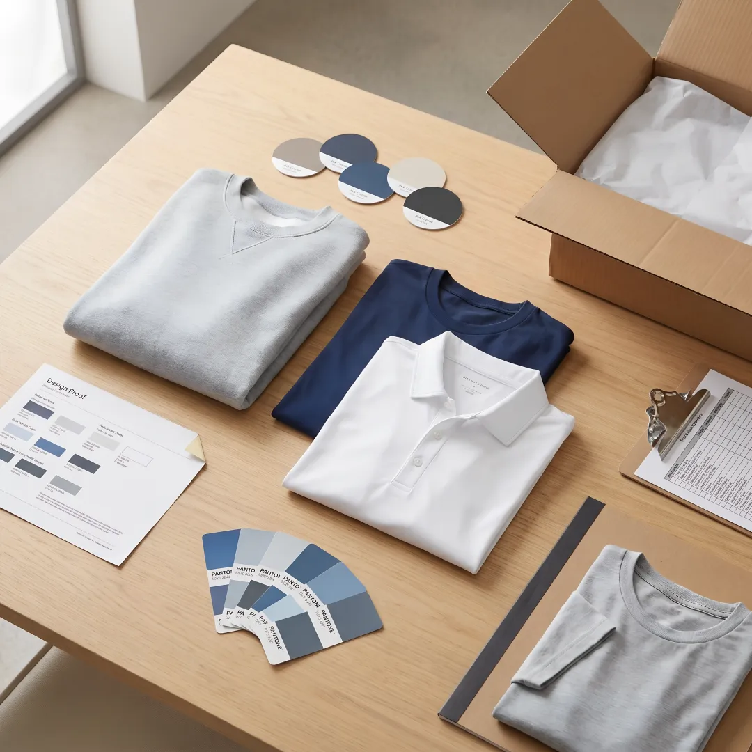 Apparel printing process with shirts and design proofs
