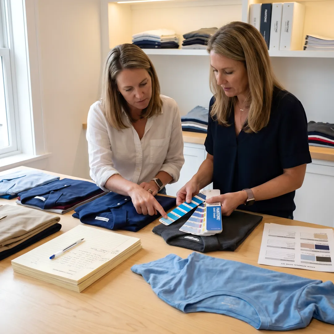 Team reviewing custom shirt proofs before production