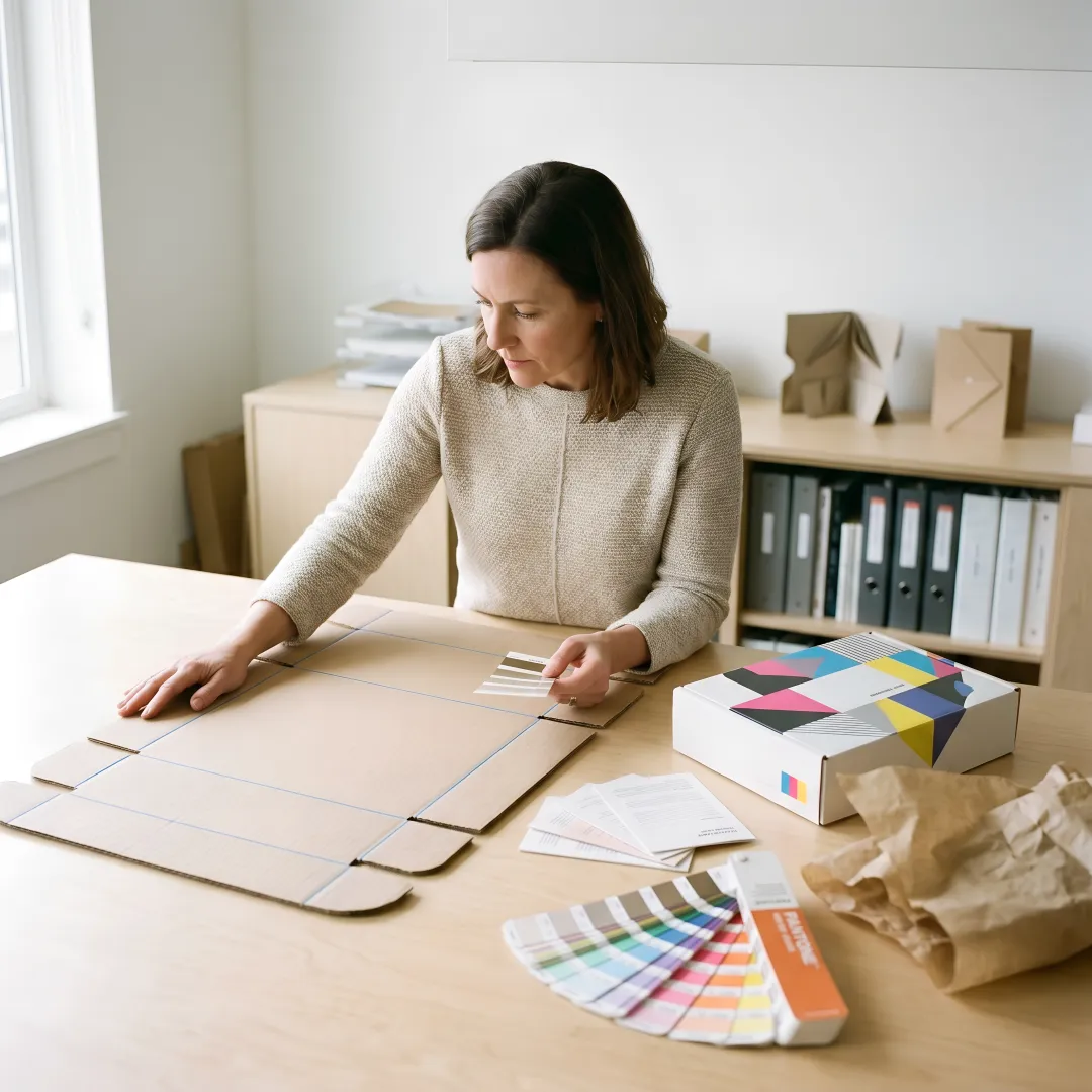 Designer reviewing custom corrugated box samples
