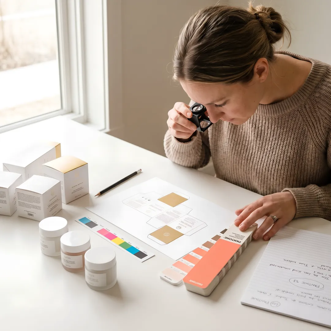 Designer reviewing skincare packaging dielines and samples