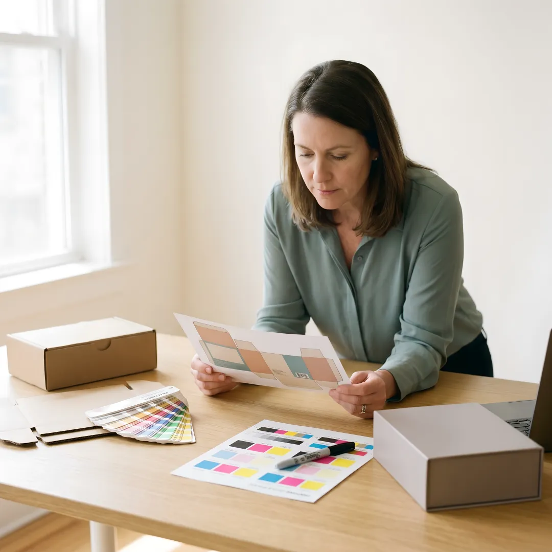 Packaging designer reviewing custom box dielines