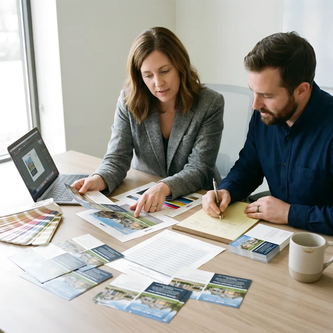 Direct mail campaign materials being reviewed