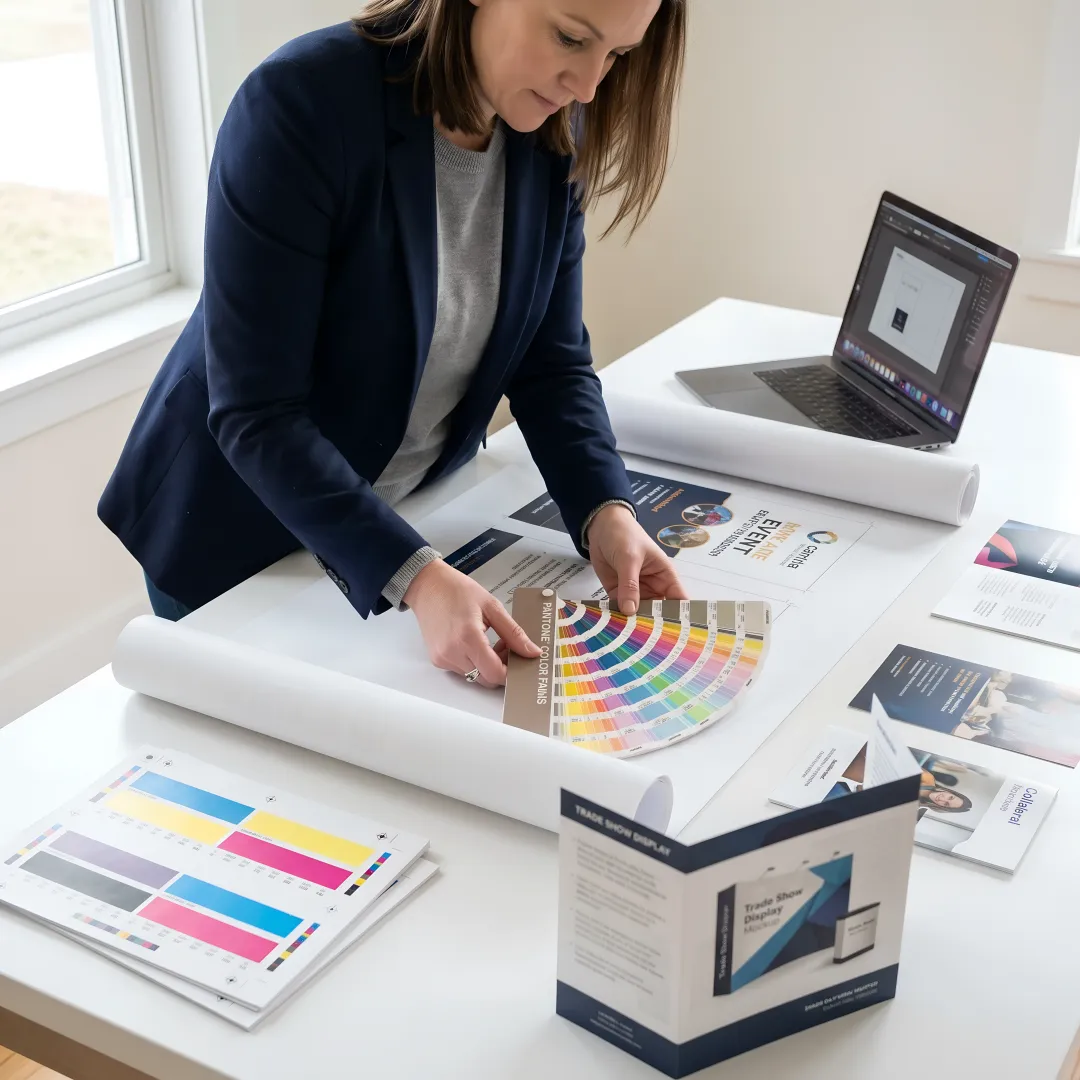 Designer reviewing trade show banner proofs