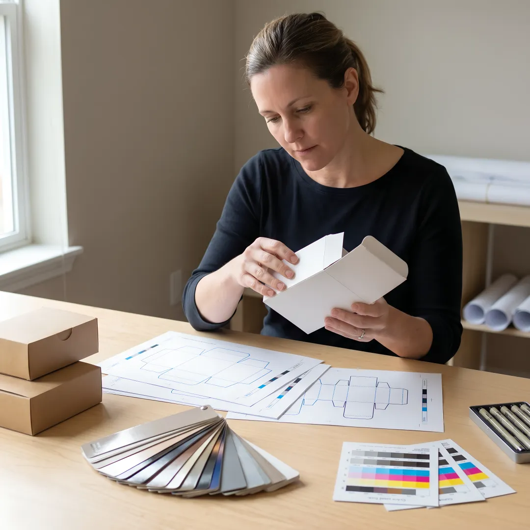 Packaging specialist reviewing dieline proofs and box samples