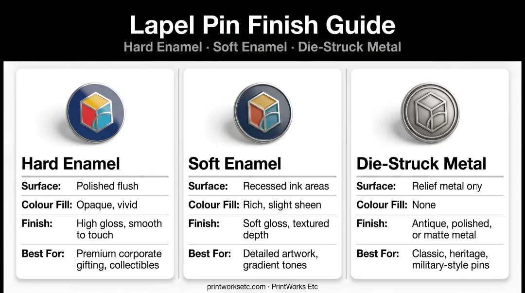 Corporate lapel pin finish comparison hard enamel soft enamel and die-struck metal