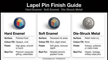 Corporate lapel pin finish comparison hard enamel soft enamel and die-struck metal