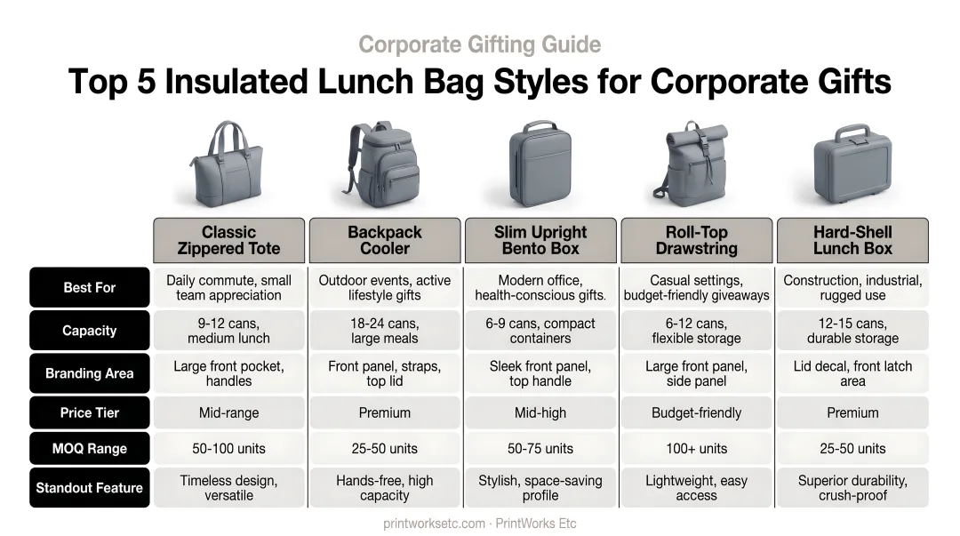 Comparison chart of the top five insulated lunch bag styles for corporate gifts