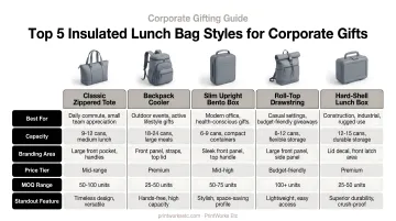 Comparison chart of the top five insulated lunch bag styles for corporate gifts