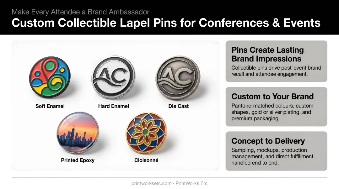 Conference attendees wearing and displaying collectible lapel pins at professional event