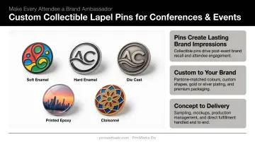 Conference attendees wearing and displaying collectible lapel pins at professional event