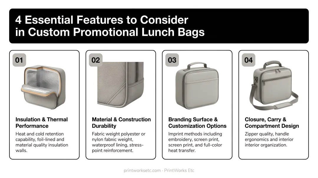 Infographic of four essential features to consider in custom promotional lunch bags