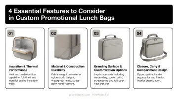 Infographic of four essential features to consider in custom promotional lunch bags