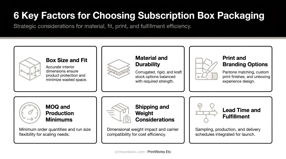 Six key factors for choosing subscription box packaging infographic diagram