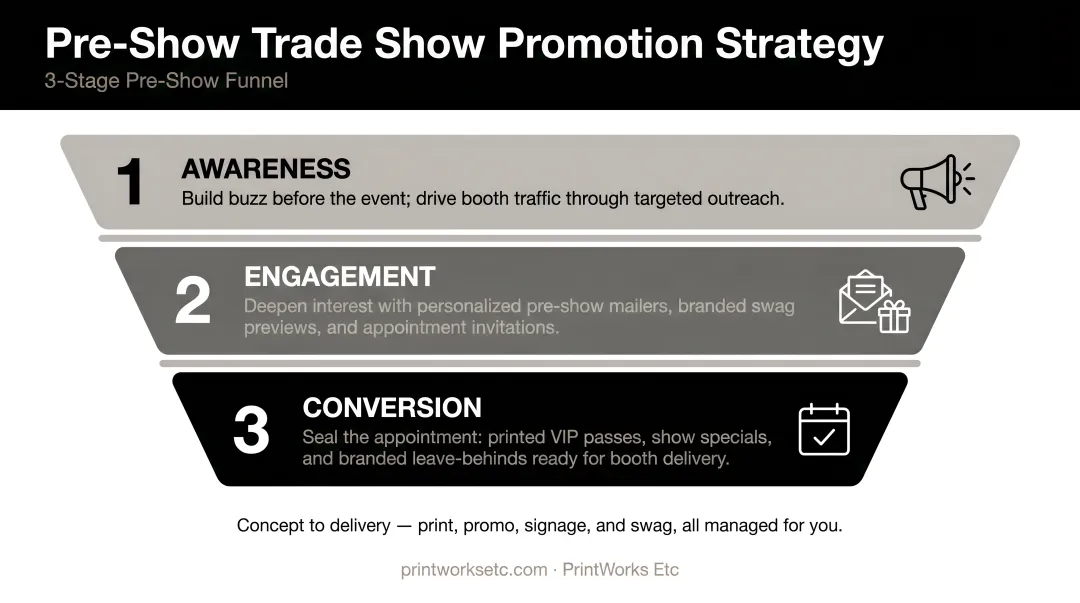 Three-stage pre-show trade show promotion strategy funnel diagram