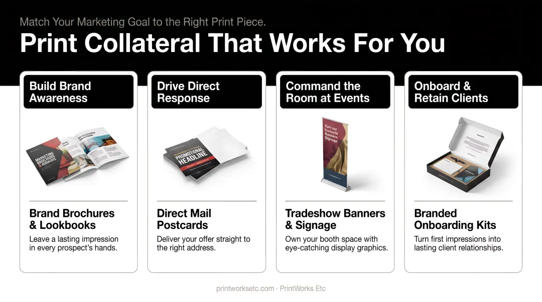 Infographic matching four marketing goals to corresponding print collateral examples