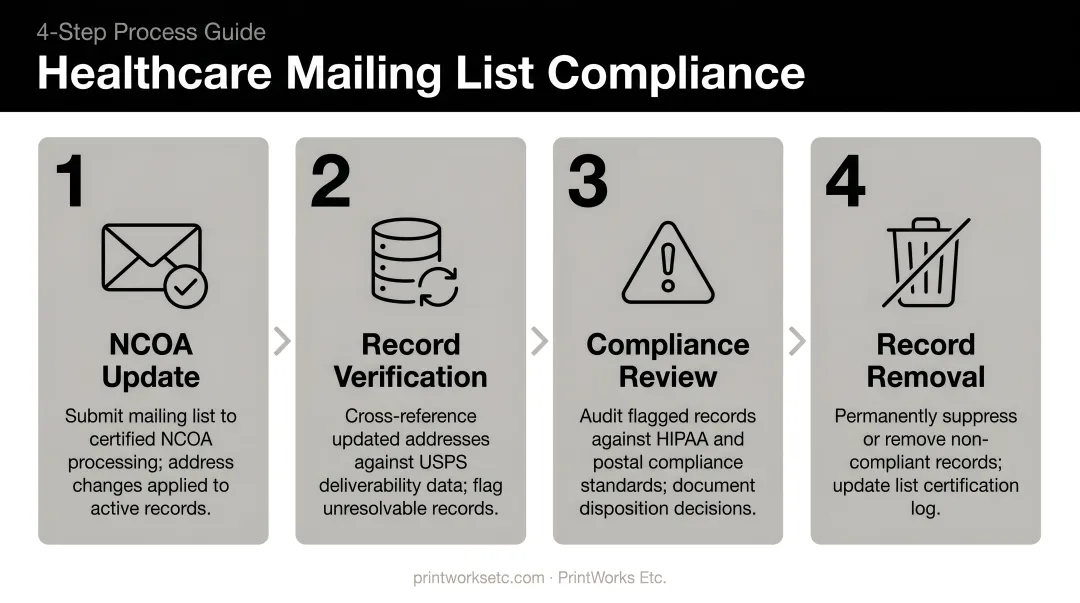 Four-step healthcare mailing list compliance process from NCOA update to record removal