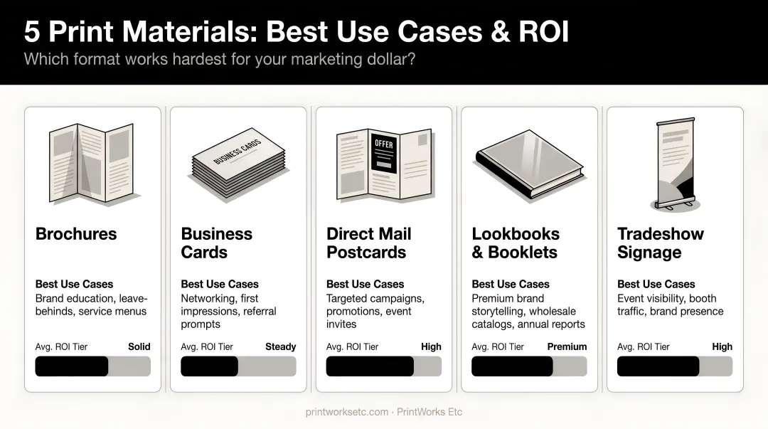 Five core marketing print materials best use cases and ROI comparison infographic