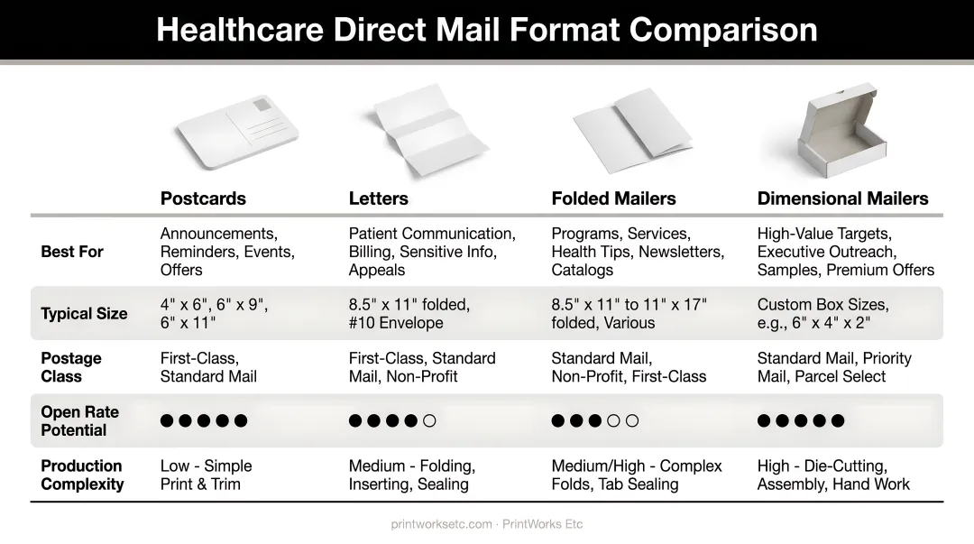 Healthcare direct mail format comparison chart postcards letters folded dimensional mailers