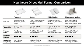 Healthcare direct mail format comparison chart postcards letters folded dimensional mailers